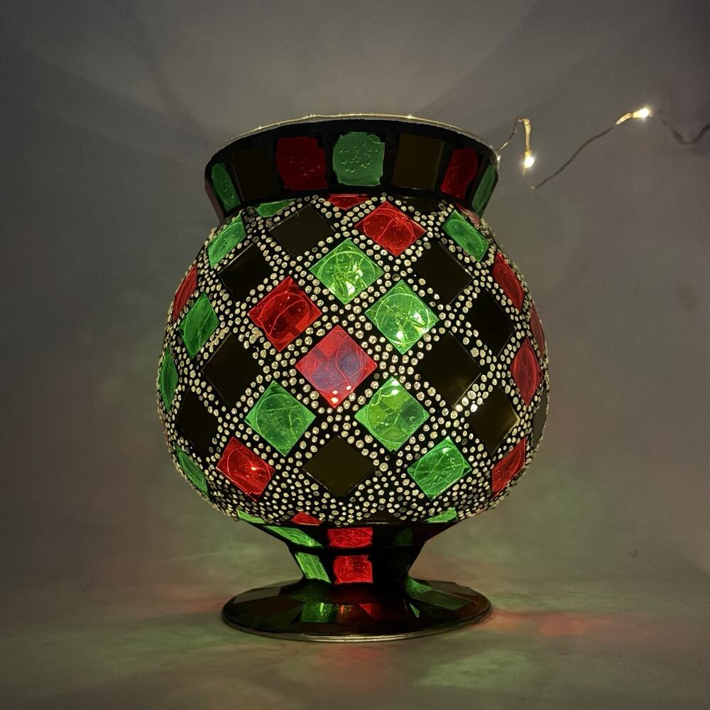 Home Interiors Holiday Red Green Gold Mosaic Diamond Tiles Vase Candle Holder